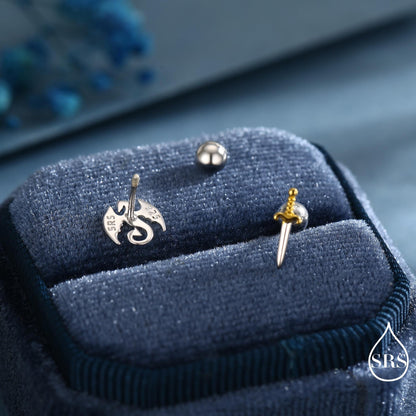 Mismatched Dragon and Sword Internally Threaded Flat Back / Screw Back /Stud Earrings in Sterling Silver, Asymmetric Dragon Earrings