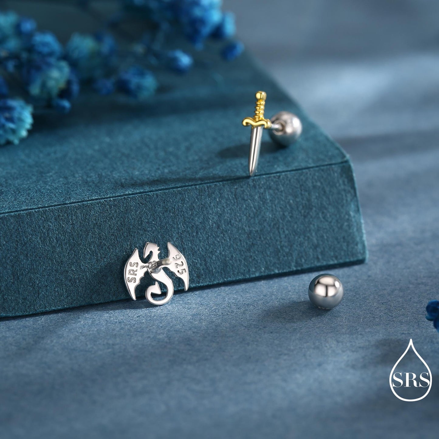 Mismatched Dragon and Sword Screw Back / Stud Earrings in Sterling Silver, Asymmetric Dragon Earrings