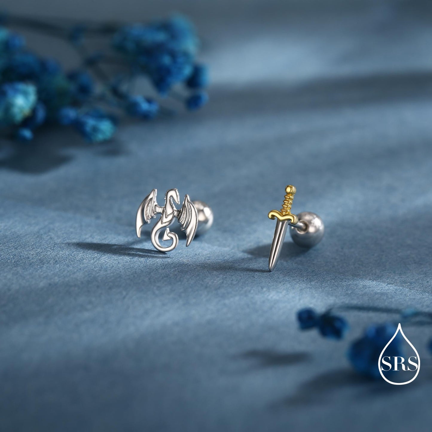 Mismatched Dragon and Sword Internally Threaded Flat Back / Screw Back /Stud Earrings in Sterling Silver, Asymmetric Dragon Earrings