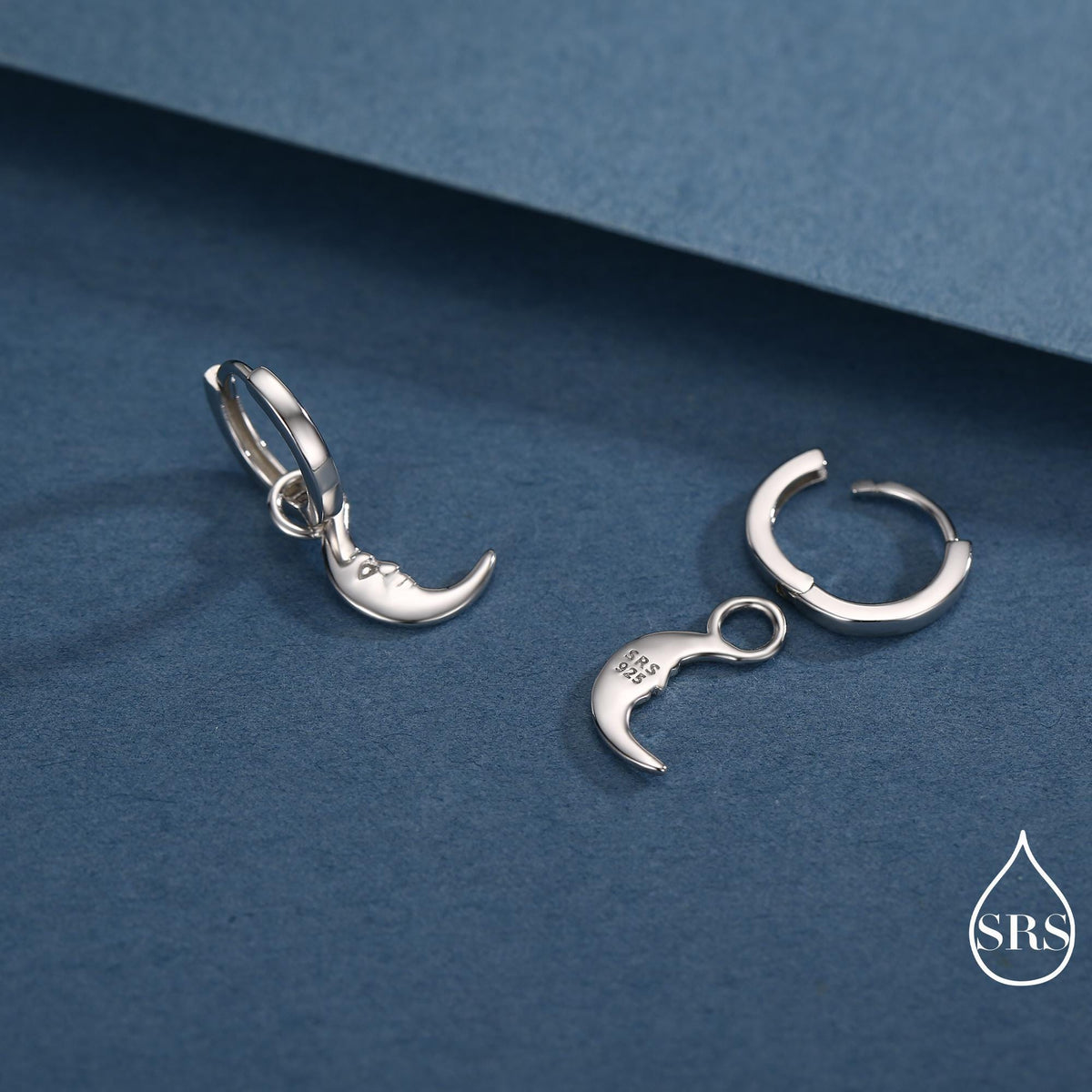 Sterling Silver Crescent Moon Face Hoop Earrings, Detachable Charm Dangle Hoop Earrings, Silver or Gold, Interchangeable Charms
