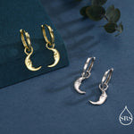 Sterling Silver Crescent Moon Face Hoop Earrings, Detachable Charm Dangle Hoop Earrings, Silver or Gold, Interchangeable Charms