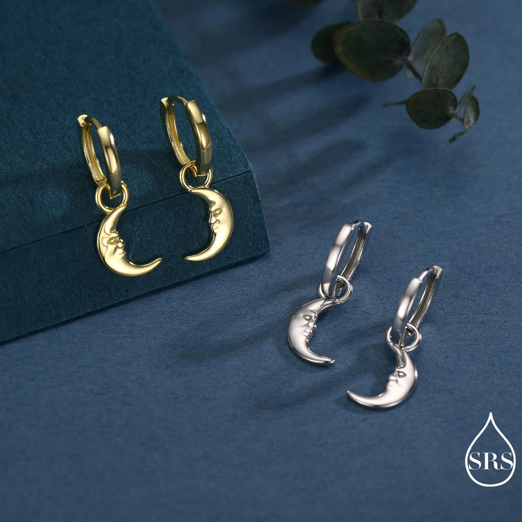 Sterling Silver Crescent Moon Face Hoop Earrings, Detachable Charm Dangle Hoop Earrings, Silver or Gold, Interchangeable Charms