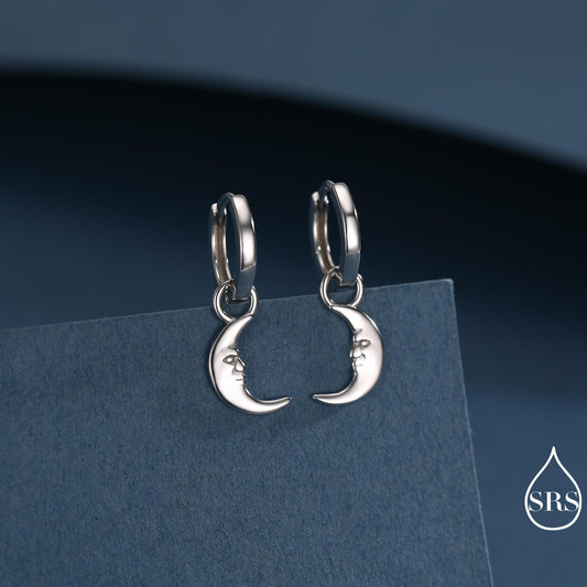 Sterling Silver Crescent Moon Face Hoop Earrings, Detachable Charm Dangle Hoop Earrings, Silver or Gold, Interchangeable Charms