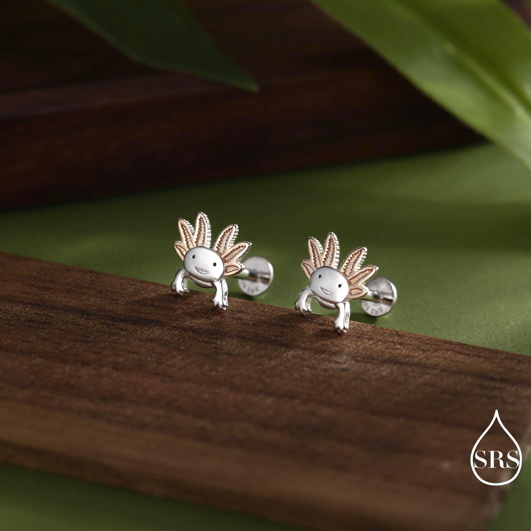 Tiny Axolotl Internally Threaded Flat Back/Screw Back / 20G Stud Earrings in Sterling Silver - Sea Creature Stud Earrings