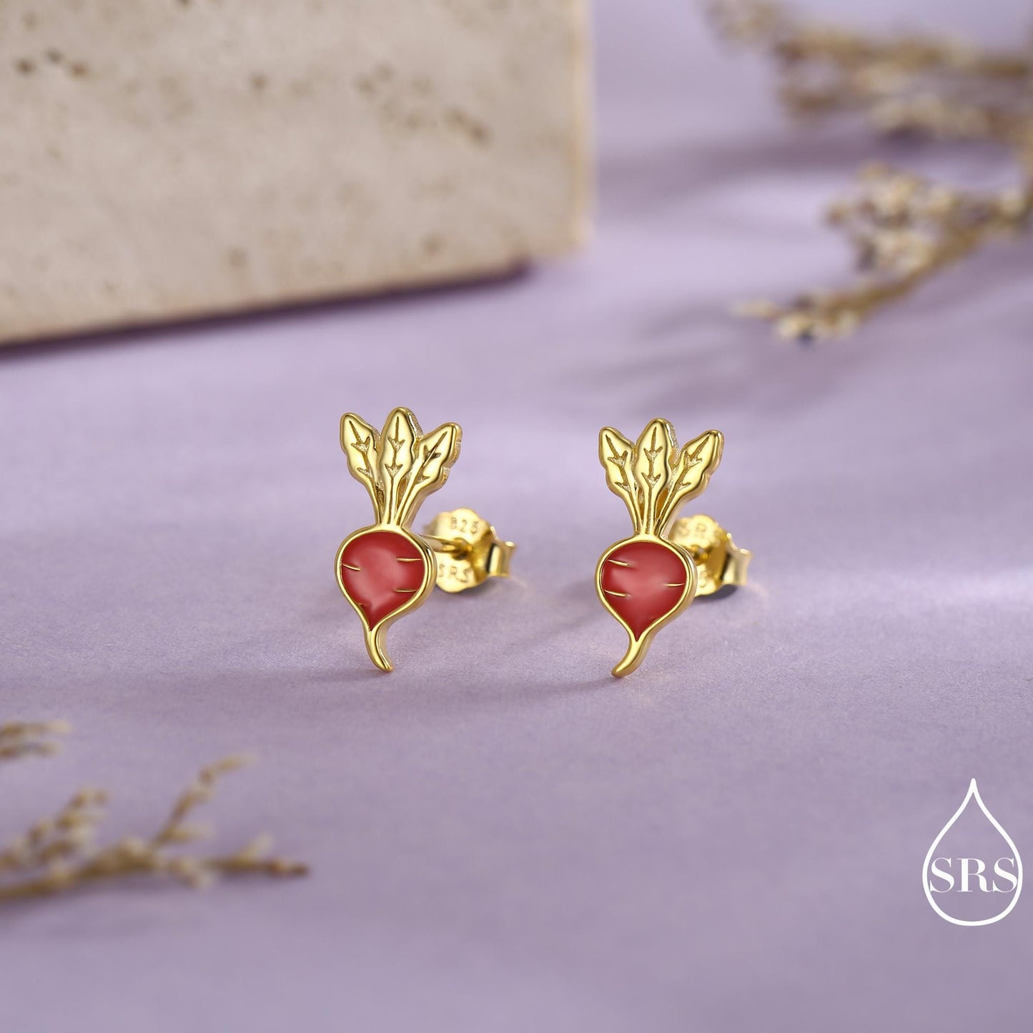 Sterling Silver Beetroot /Radish Stud Earrings – Enamel Vegetable Design, Minimalist Botanical Jewellery