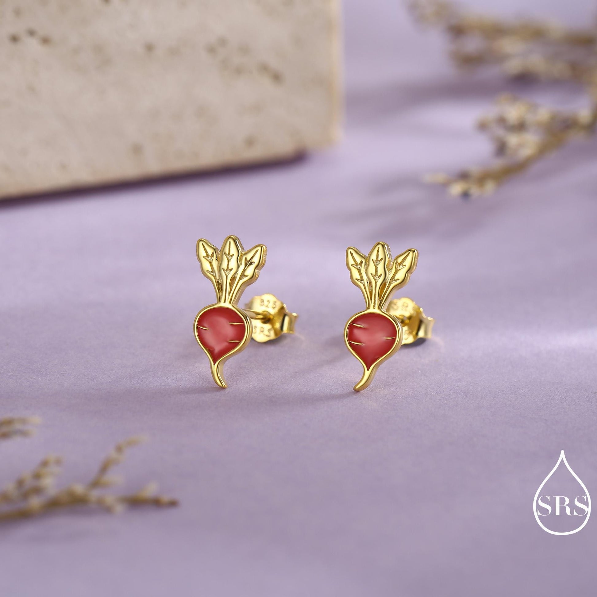 Sterling Silver Beetroot /Radish Stud Earrings – Enamel Vegetable Design, Minimalist Botanical Jewellery