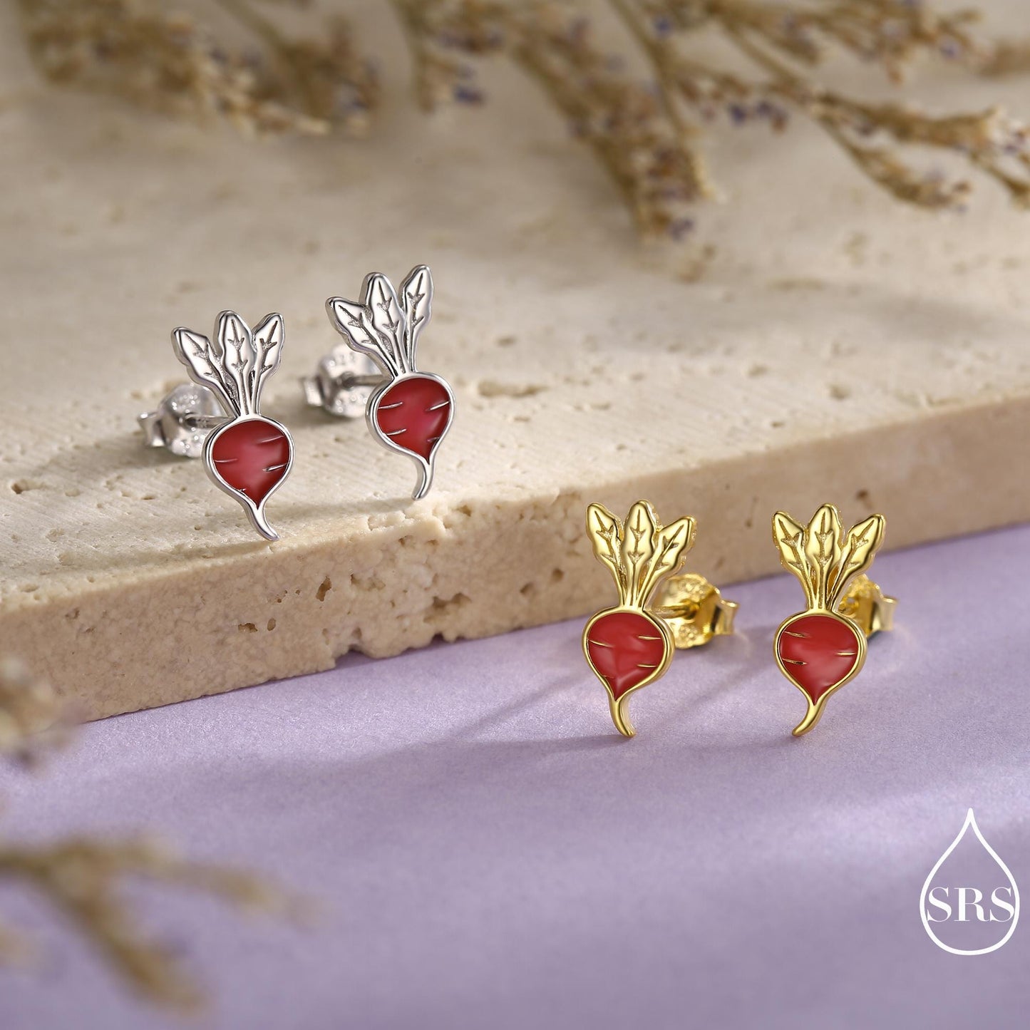 Sterling Silver Beetroot /Radish Stud Earrings – Enamel Vegetable Design, Minimalist Botanical Jewellery