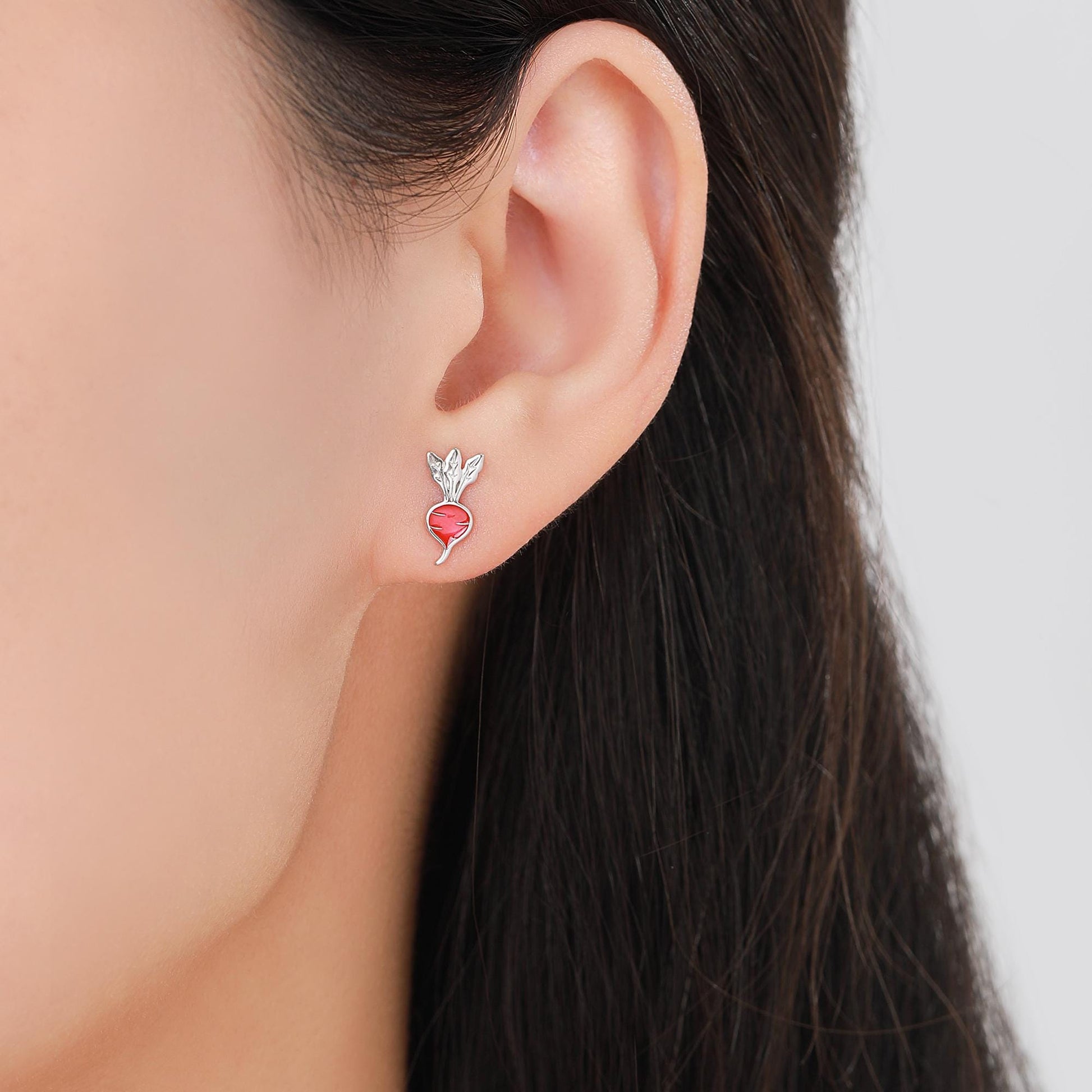 Sterling Silver Beetroot /Radish Stud Earrings – Enamel Vegetable Design, Minimalist Botanical Jewellery