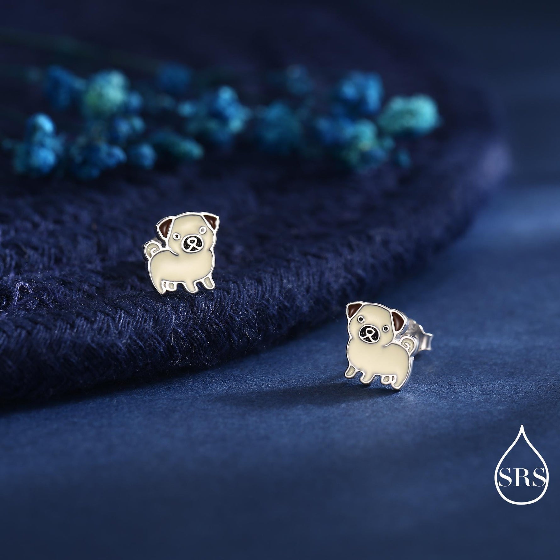 Sterling Silver Pug Stud Earrings – Cute Dog Jewellery - Enamel Puppy Earrings - Silver or Gold or Rose Gold Finish