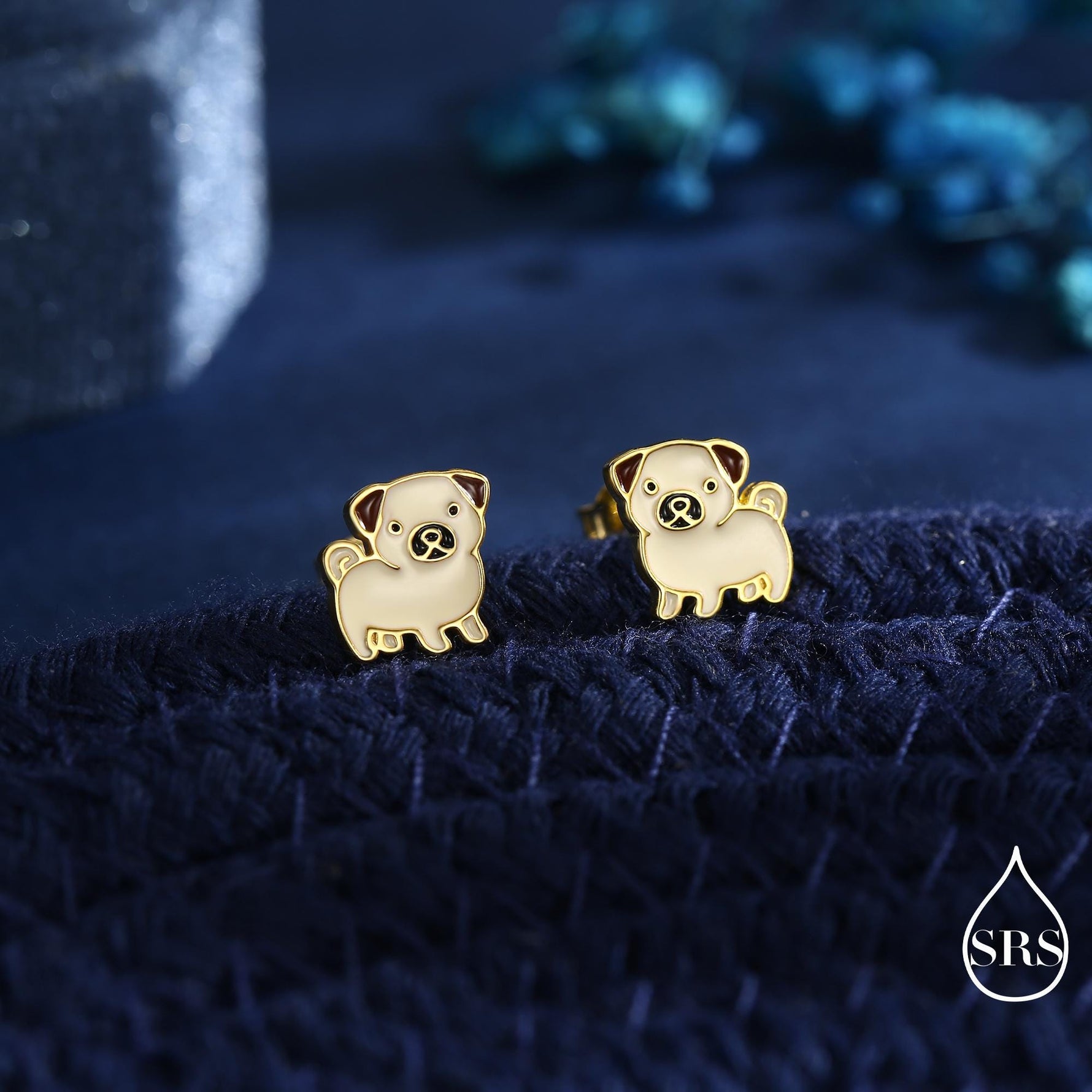 Sterling Silver Pug Stud Earrings – Cute Dog Jewellery - Enamel Puppy Earrings - Silver or Gold or Rose Gold Finish