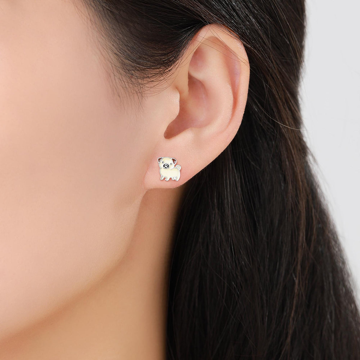 Sterling Silver Pug Stud Earrings – Cute Dog Jewellery - Enamel Puppy Earrings - Silver or Gold or Rose Gold Finish