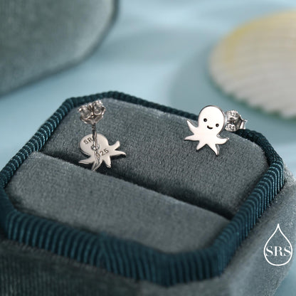 Sterling Silver Octopus Stud Earrings – Cute Sea Creature Jewellery, Minimal Ocean Gift – Silver, Gold or Rose Gold Finish