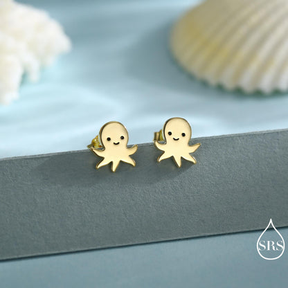 Sterling Silver Octopus Stud Earrings – Cute Sea Creature Jewellery, Minimal Ocean Gift – Silver, Gold or Rose Gold Finish