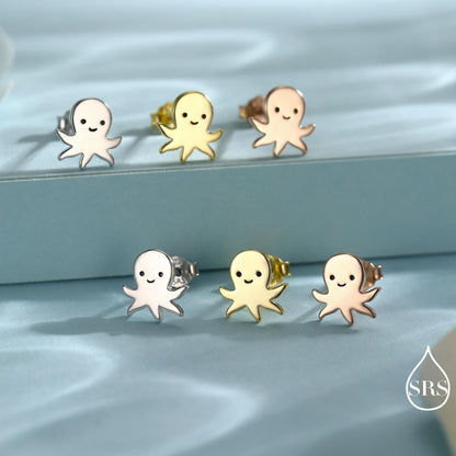 Sterling Silver Octopus Stud Earrings – Cute Sea Creature Jewellery, Minimal Ocean Gift – Silver, Gold or Rose Gold Finish