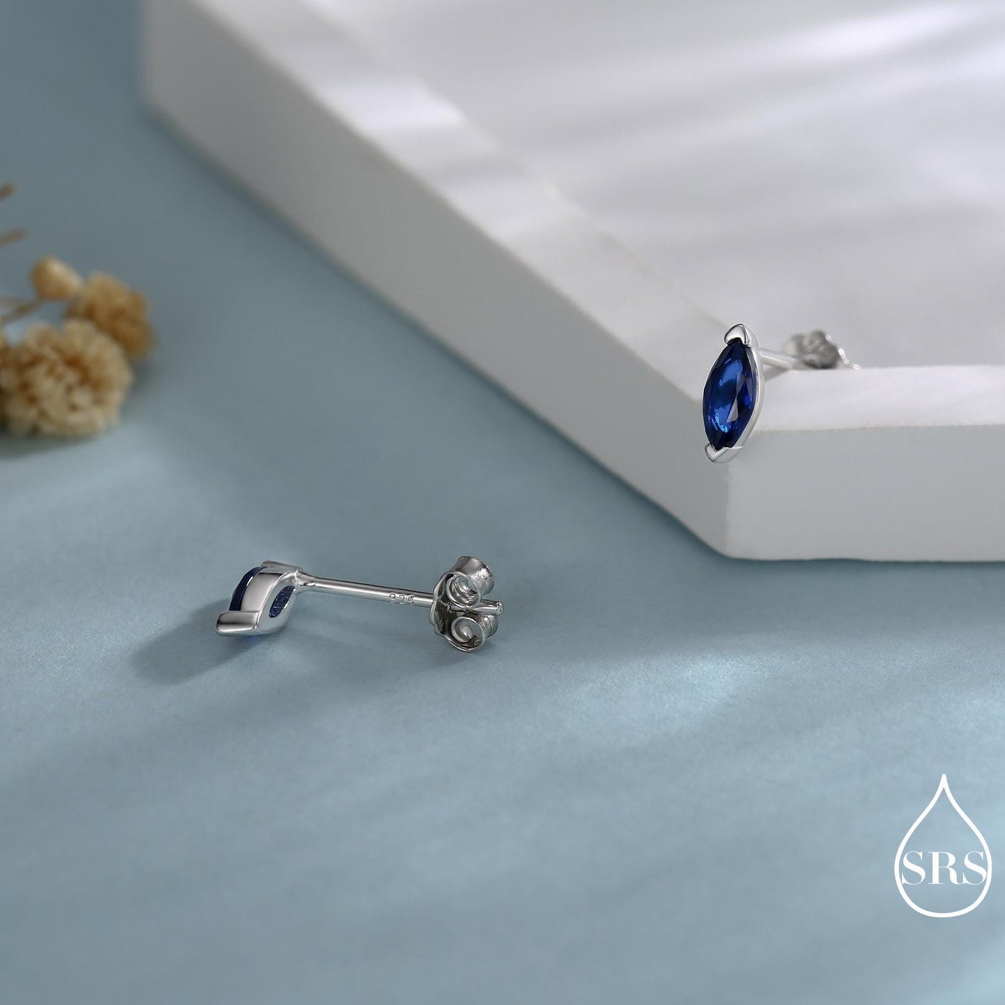 Sterling Silver Sapphire Blue Marquise Stud Earrings, Simulated Sapphire Crystal, Minimalist Geometric Design, September Birthstone