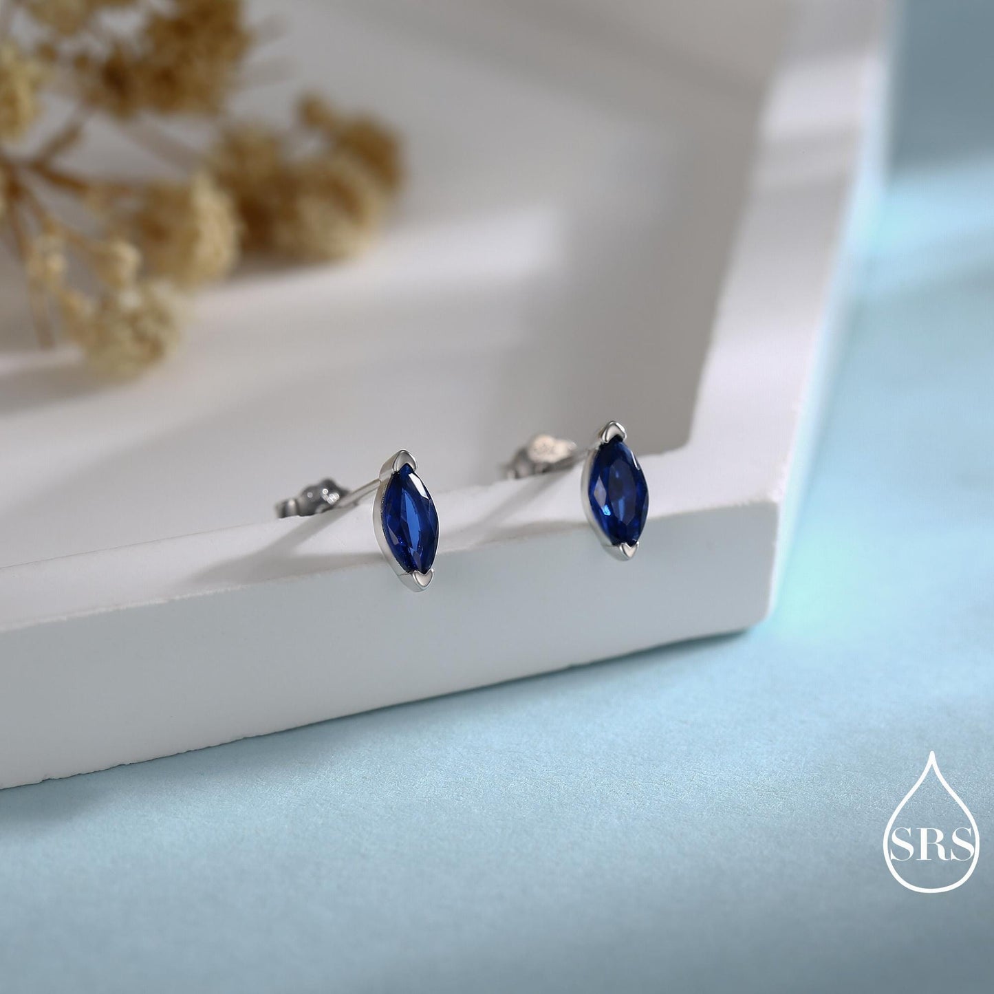 Sterling Silver Sapphire Blue Marquise Stud Earrings, Simulated Sapphire Crystal, Minimalist Geometric Design, September Birthstone