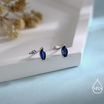 Sterling Silver Sapphire Blue Marquise Stud Earrings, Simulated Sapphire Crystal, Minimalist Geometric Design, September Birthstone