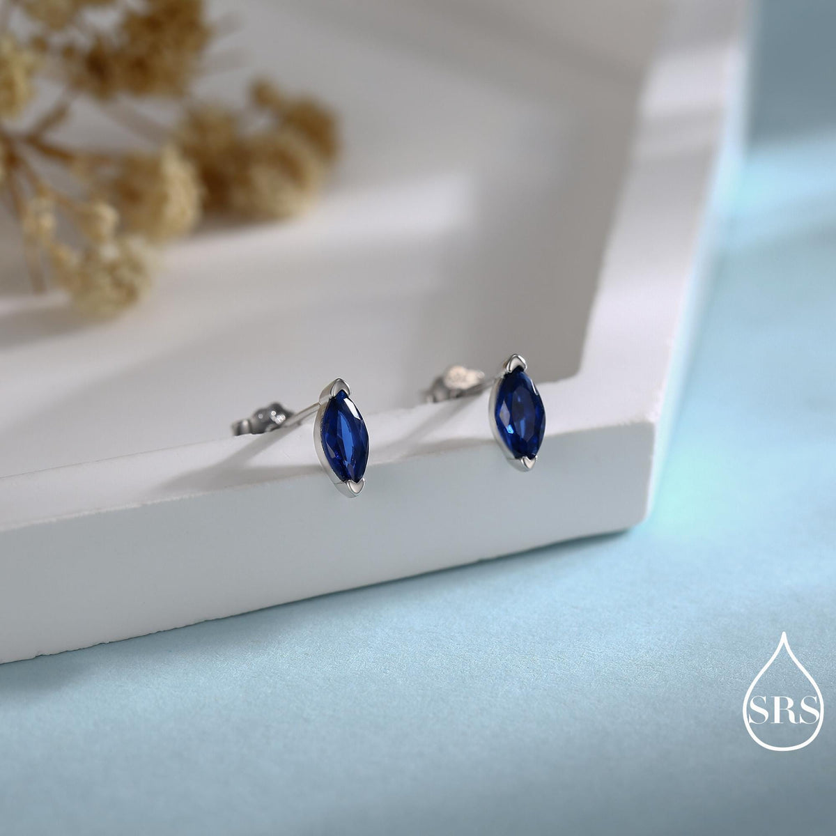 Sterling Silver Sapphire Blue Marquise Stud Earrings, Simulated Sapphire Crystal, Minimalist Geometric Design, September Birthstone