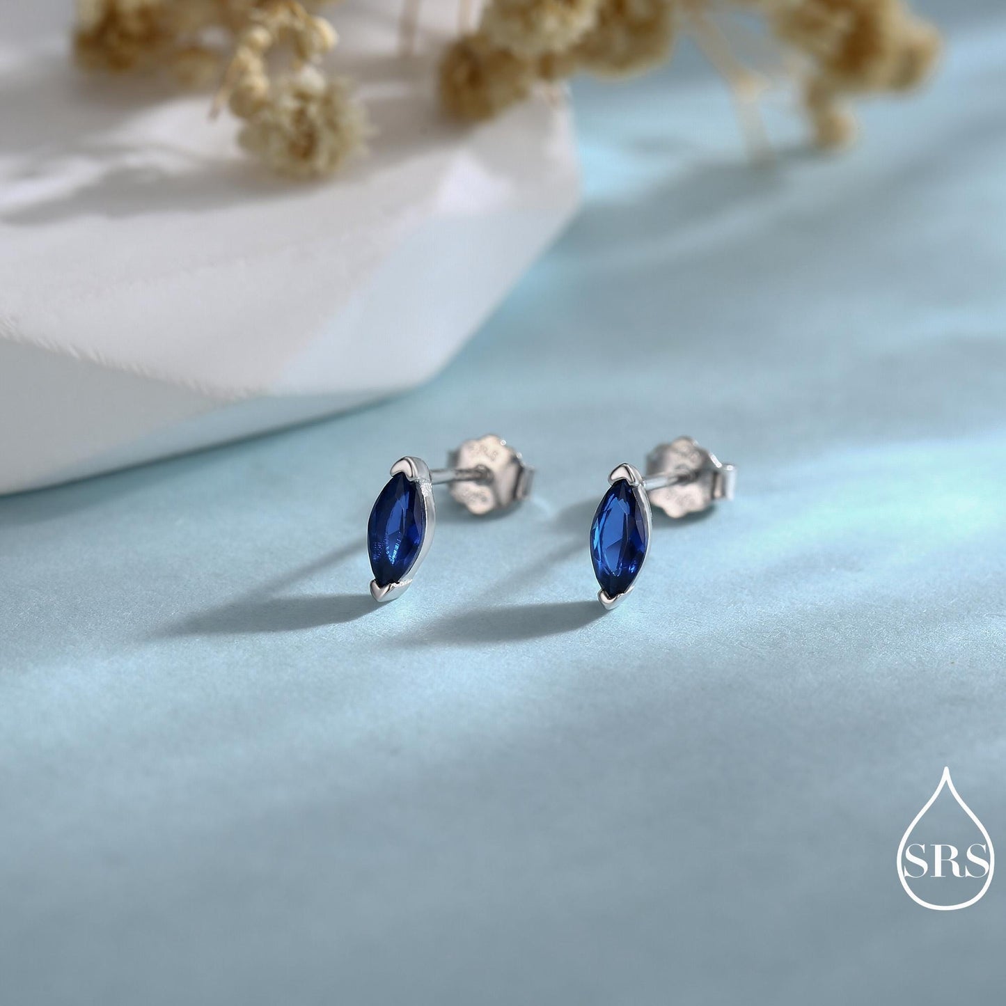 Sterling Silver Sapphire Blue Marquise Stud Earrings, Simulated Sapphire Crystal, Minimalist Geometric Design, September Birthstone