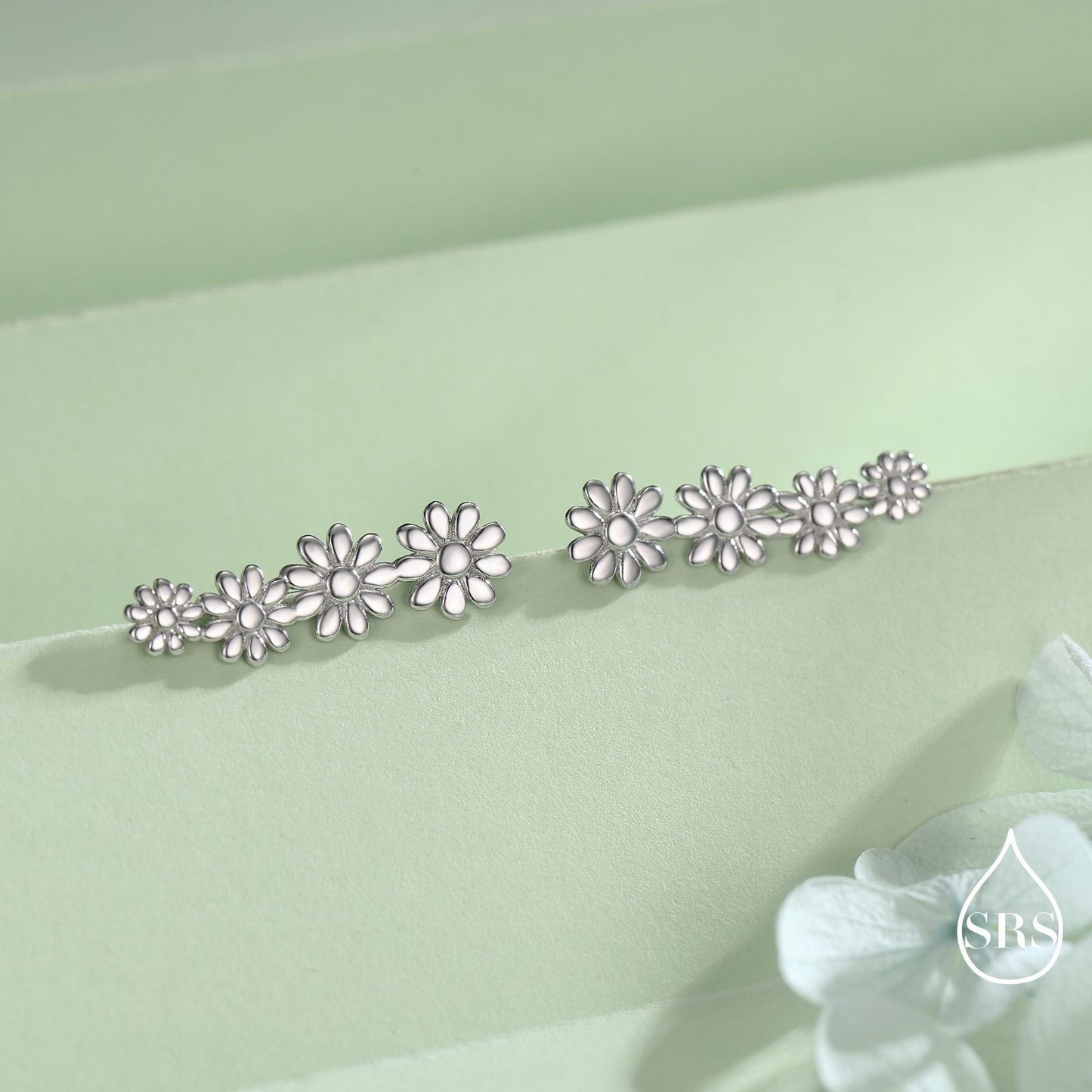 Daisy Flower Crawler Earrings in Sterling Silver, Daisy Chain, Flower Earrings, Ear Climbers, Daisy Earrings