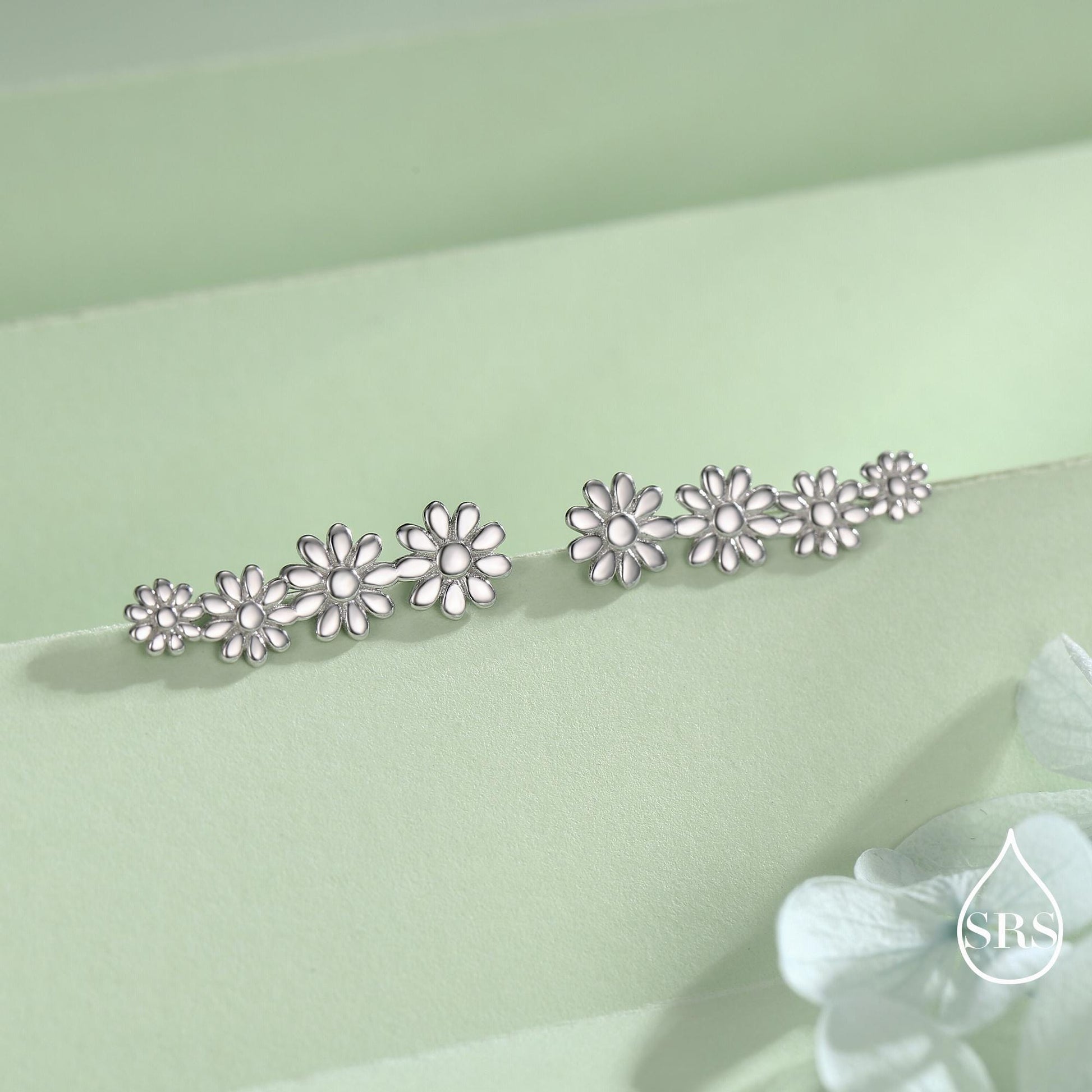 Daisy Flower Crawler Earrings in Sterling Silver, Daisy Chain, Flower Earrings, Ear Climbers, Daisy Earrings