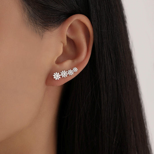 Daisy Flower Crawler Earrings in Sterling Silver, Daisy Chain, Flower Earrings, Ear Climbers, Daisy Earrings