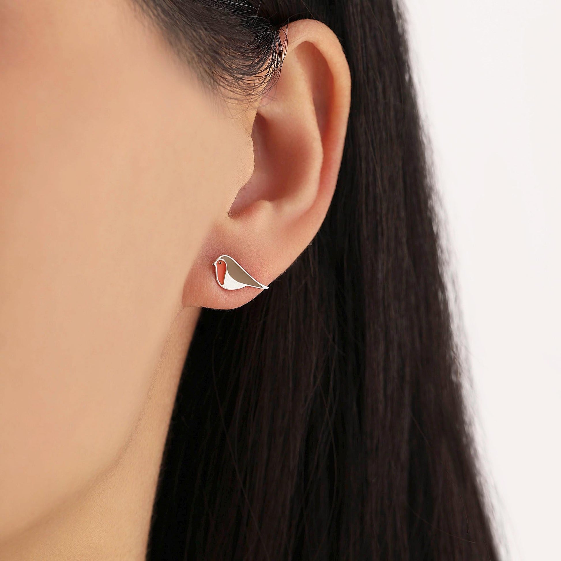 Robin Bird Stud Earrings in Sterling Silver, Sterling Silver Robin Earrings, Hand Painted Enamel Earrings, Nature Inspired Animal Earrings