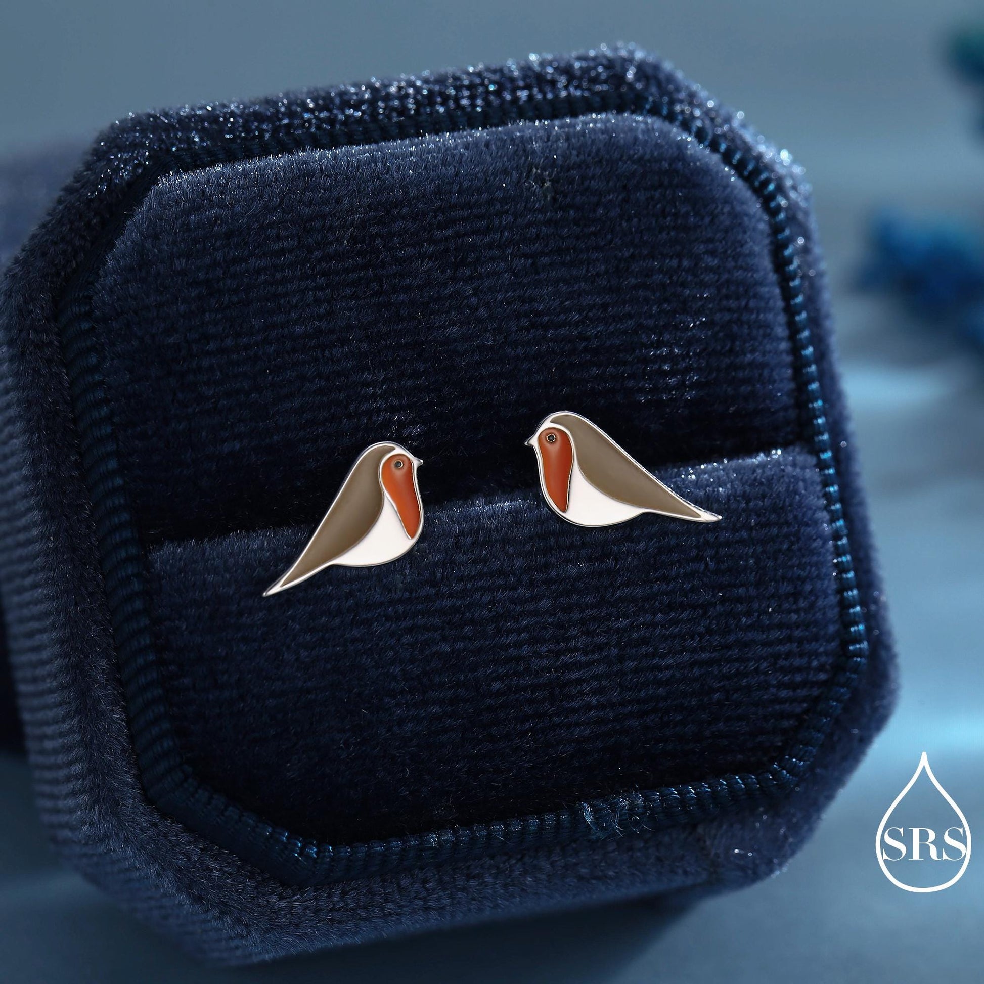 Robin Bird Stud Earrings in Sterling Silver, Sterling Silver Robin Earrings, Hand Painted Enamel Earrings, Nature Inspired Animal Earrings