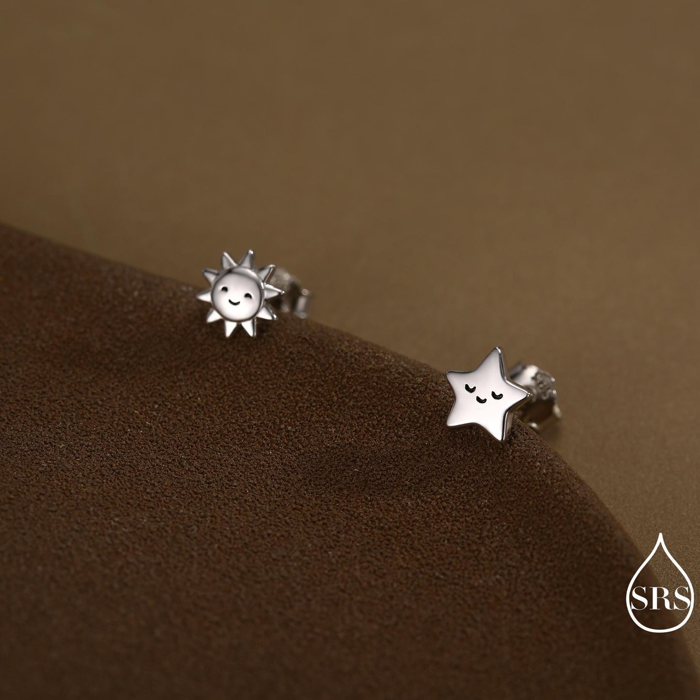 Tiny Mismatched Sun and Star Stud Earrings in Sterling Silver, Silver Gold or Rose Gold Finish, Sun Earrings, Celestial Earrings