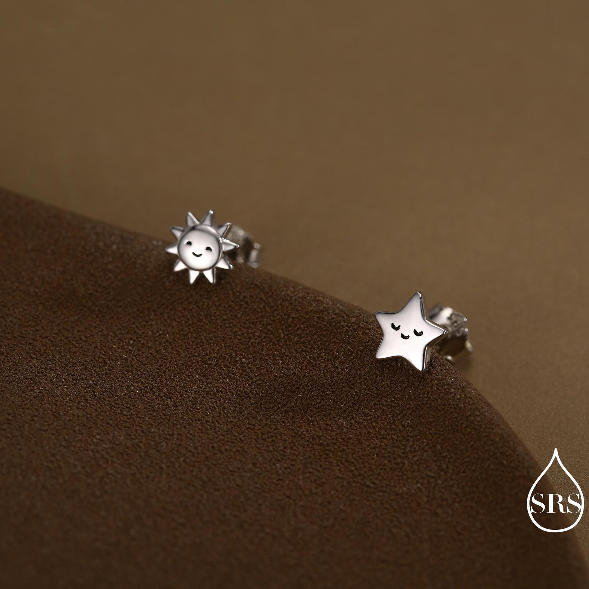 Tiny Mismatched Sun and Star Stud Earrings in Sterling Silver, Silver Gold or Rose Gold Finish, Sun Earrings, Celestial Earrings