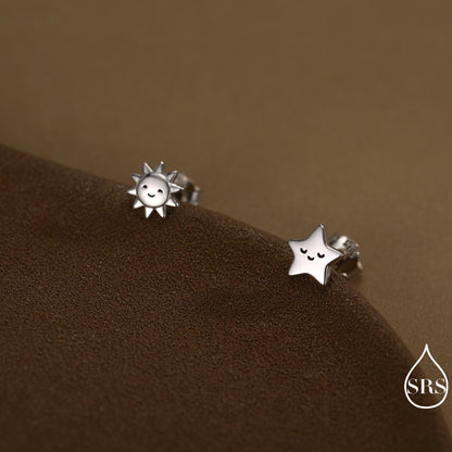 Tiny Mismatched Sun and Star Stud Earrings in Sterling Silver, Silver Gold or Rose Gold Finish, Sun Earrings, Celestial Earrings
