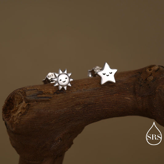 Tiny Mismatched Sun and Star Stud Earrings in Sterling Silver, Silver Gold or Rose Gold Finish, Sun Earrings, Celestial Earrings