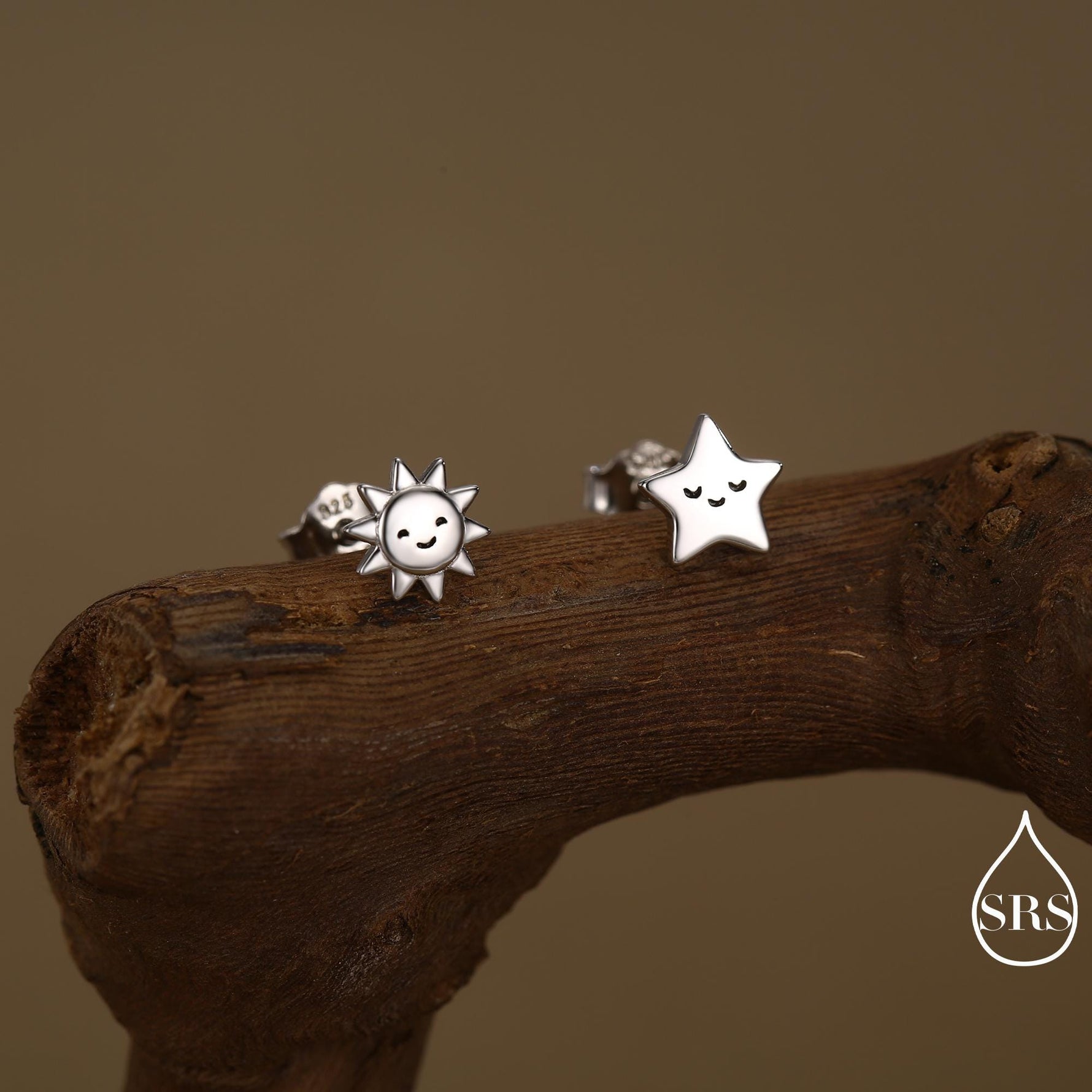 Tiny Mismatched Sun and Star Stud Earrings in Sterling Silver, Silver Gold or Rose Gold Finish, Sun Earrings, Celestial Earrings