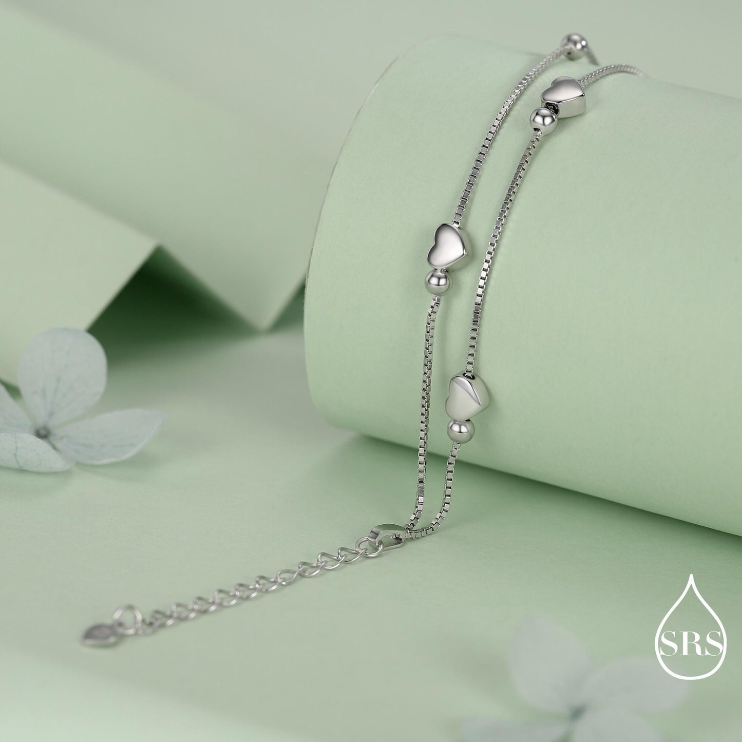 Heart Charm Bracelet in Sterling Silver, Solid Sterling Silver Heart Bracelet, Double Layer Heart Bracelet