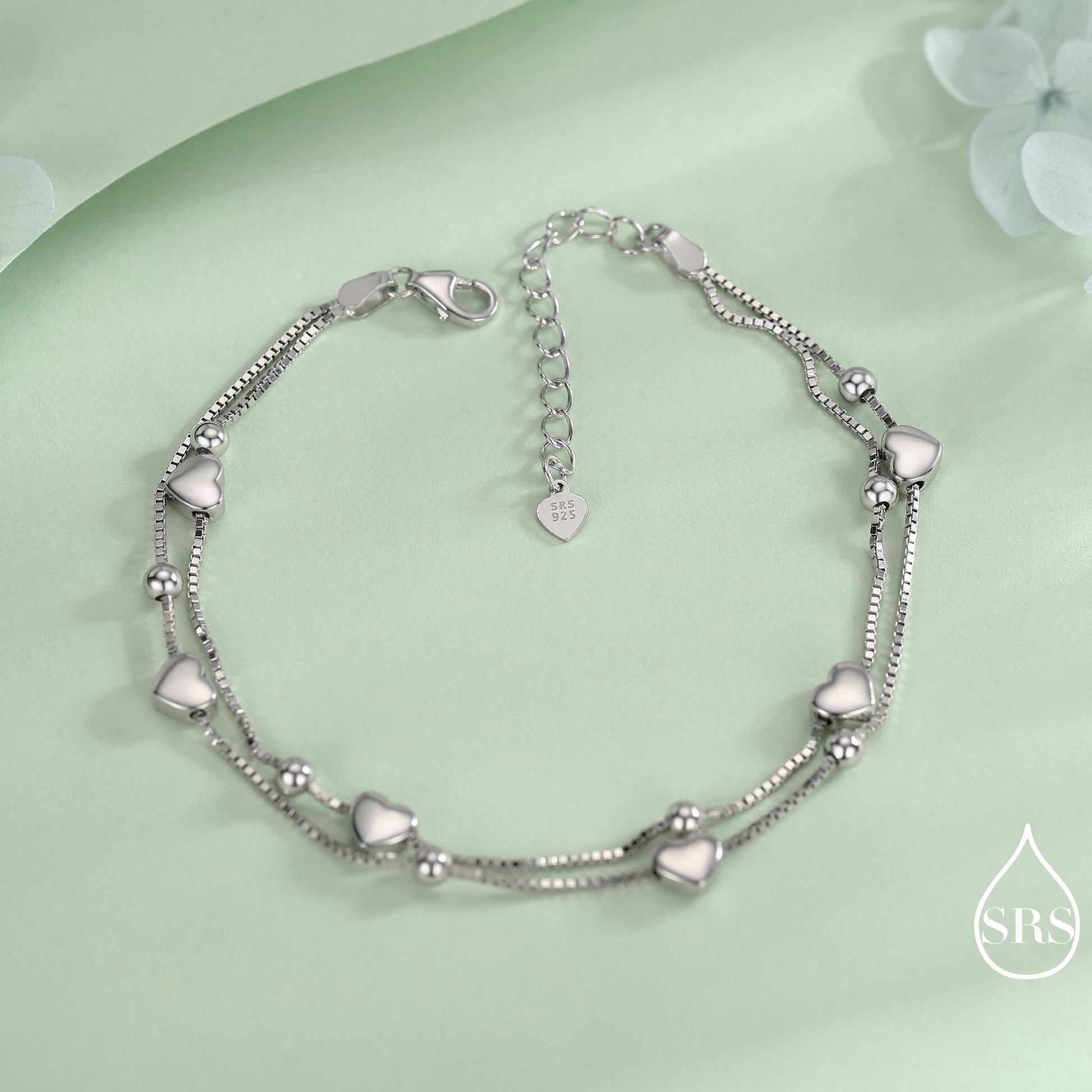 Heart Charm Bracelet in Sterling Silver, Solid Sterling Silver Heart Bracelet, Double Layer Heart Bracelet
