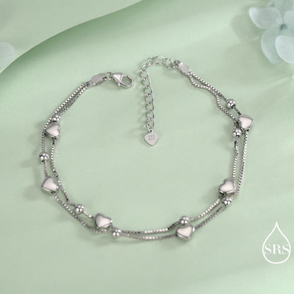Heart Charm Bracelet in Sterling Silver, Solid Sterling Silver Heart Bracelet, Double Layer Heart Bracelet