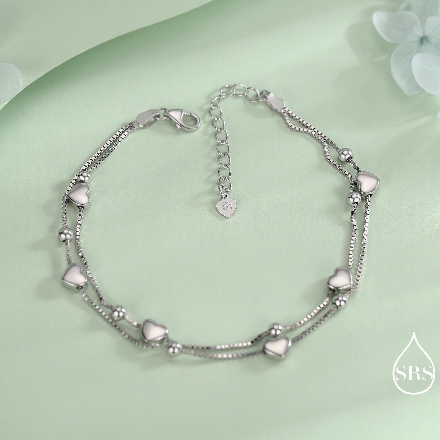 Heart Charm Bracelet in Sterling Silver, Solid Sterling Silver Heart Bracelet, Double Layer Heart Bracelet