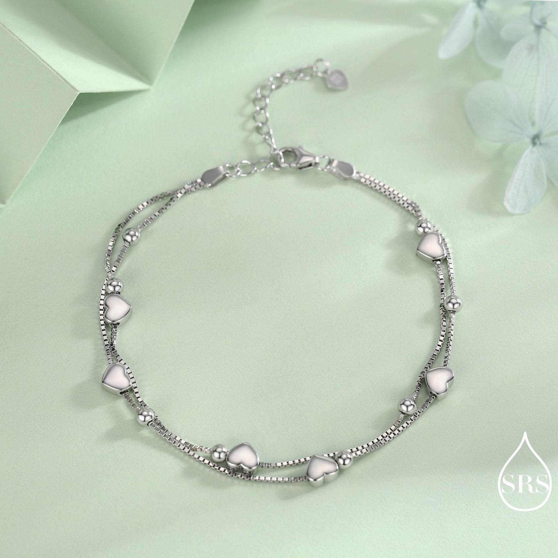 Heart Charm Bracelet in Sterling Silver, Solid Sterling Silver Heart Bracelet, Double Layer Heart Bracelet