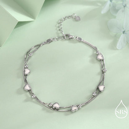 Heart Charm Bracelet in Sterling Silver, Solid Sterling Silver Heart Bracelet, Double Layer Heart Bracelet