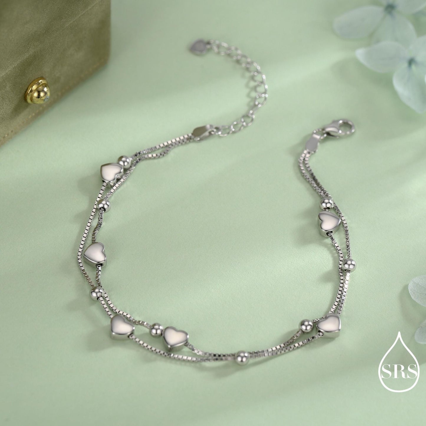 Heart Charm Bracelet in Sterling Silver, Solid Sterling Silver Heart Bracelet, Double Layer Heart Bracelet