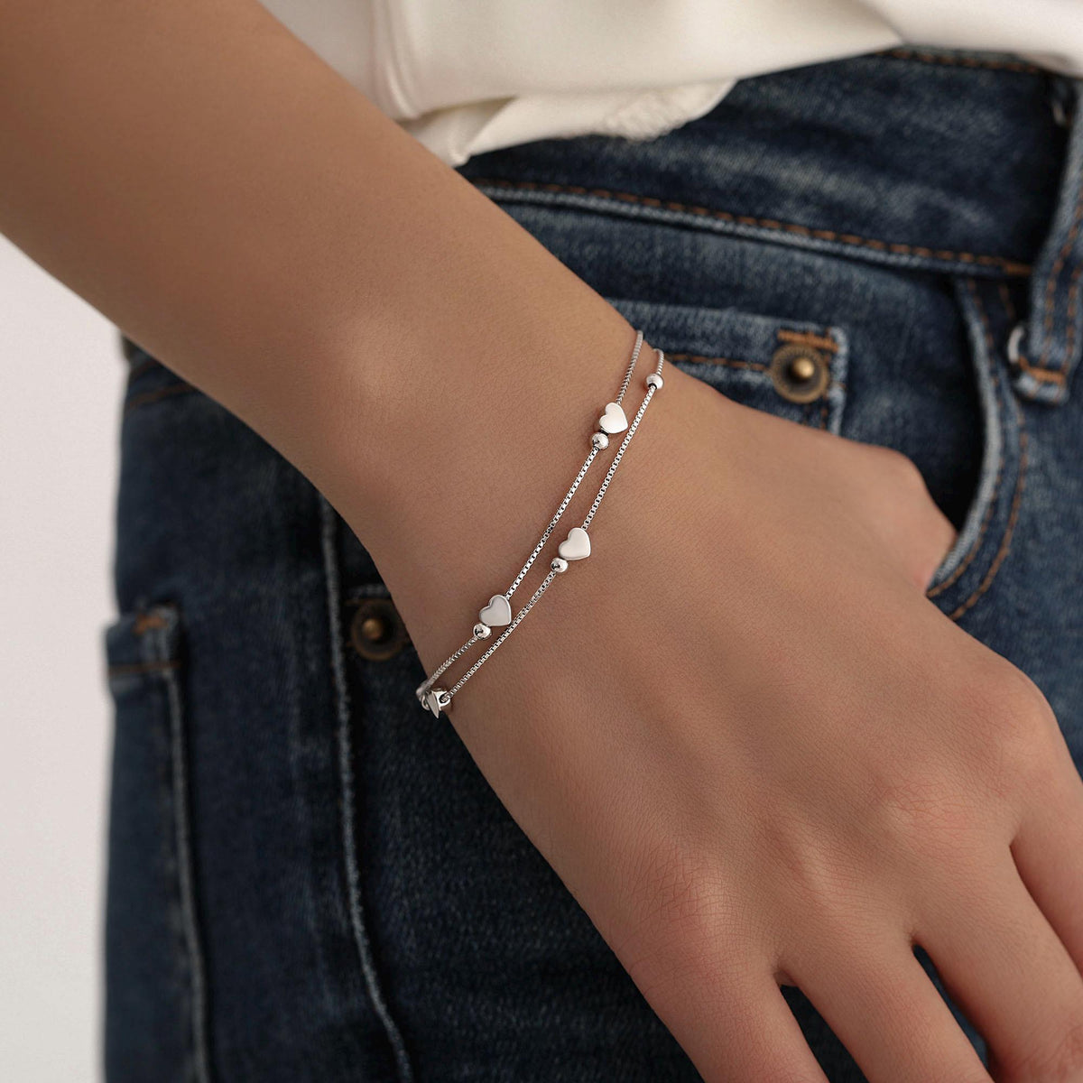 Heart Charm Bracelet in Sterling Silver, Solid Sterling Silver Heart Bracelet, Double Layer Heart Bracelet