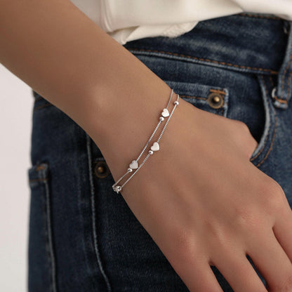 Heart Charm Bracelet in Sterling Silver, Solid Sterling Silver Heart Bracelet, Double Layer Heart Bracelet