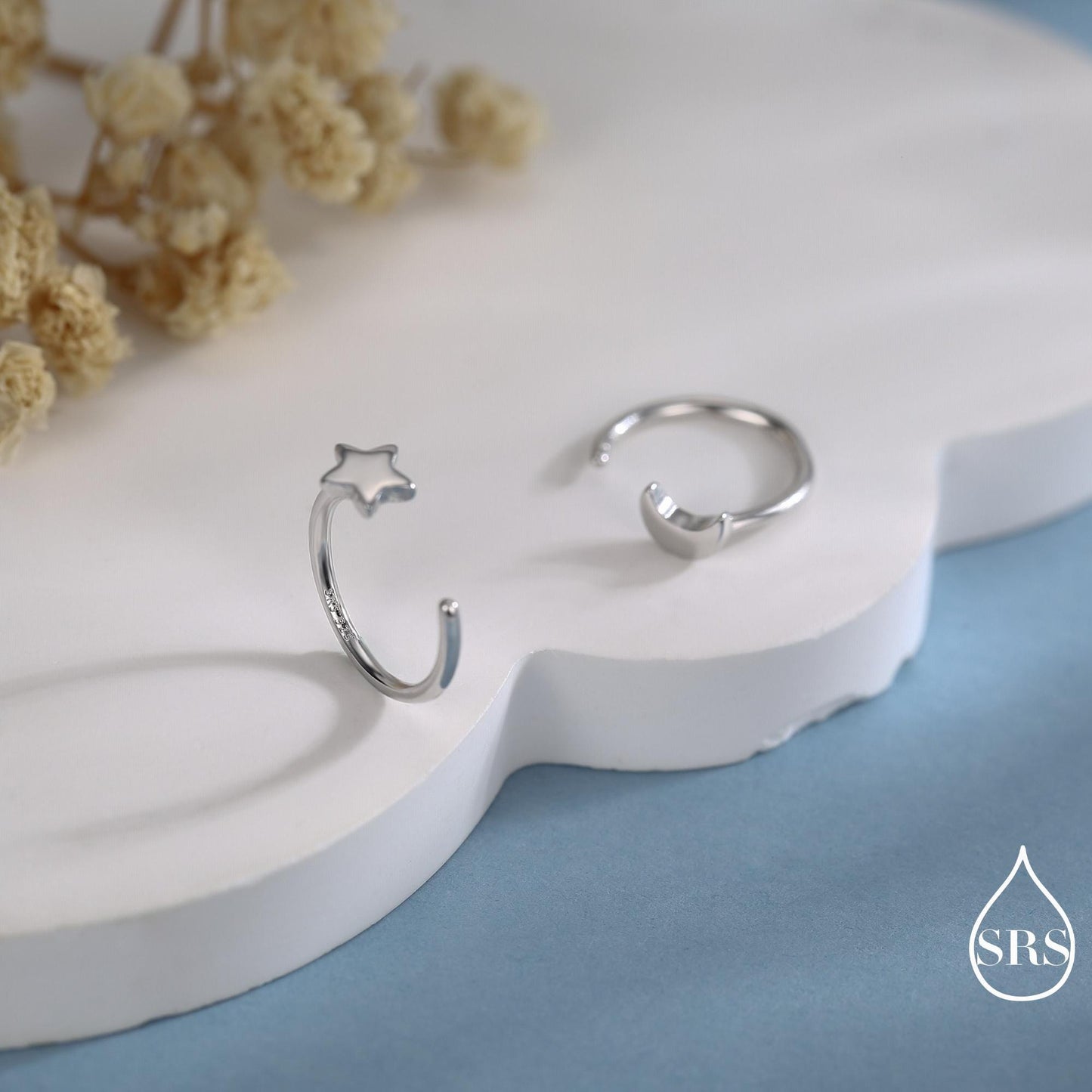 Mismatched Moon and Star Huggie Hoop Earrings in Sterling Silver, Asymmetric Pull Through Star Earrings, Half Hoops