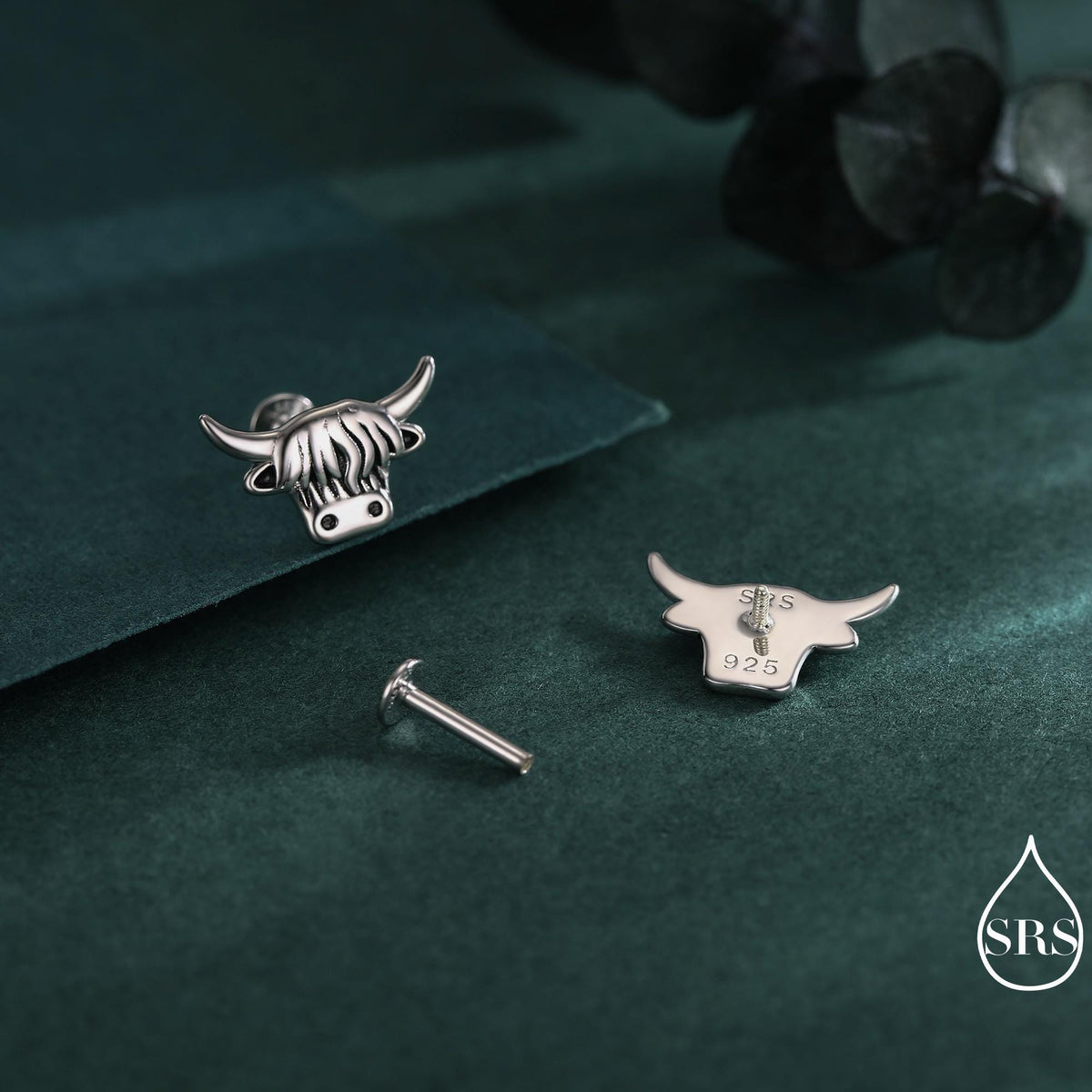 Delicate Highland Cow 16G Internally Threaded Flat Back Earrings in Sterling Silver, Animal Earrings