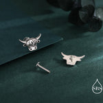 Delicate Highland Cow 16G Internally Threaded Flat Back Earrings in Sterling Silver, Animal Earrings