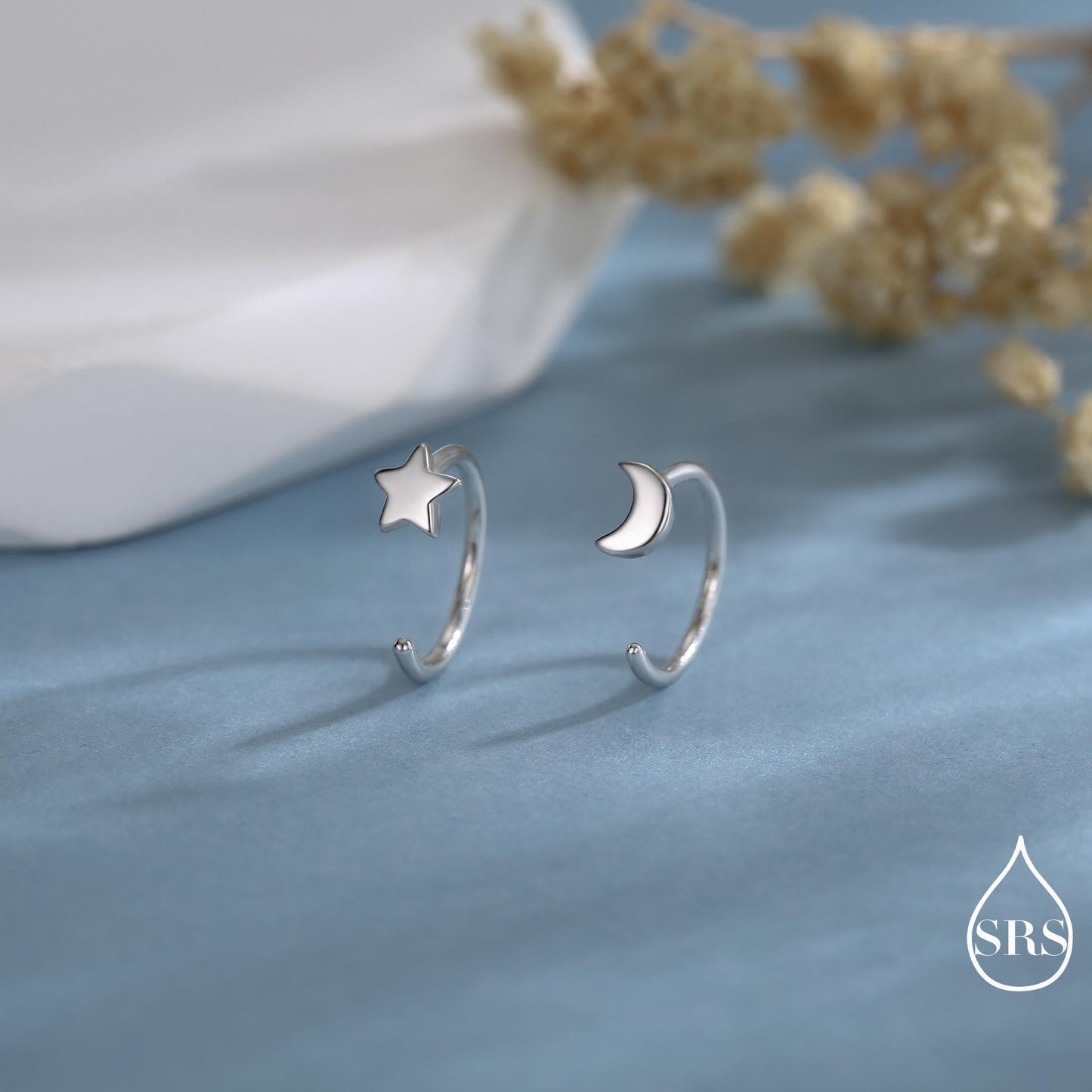 Mismatched Moon and Star Huggie Hoop Earrings in Sterling Silver, Asymmetric Pull Through Star Earrings, Half Hoops