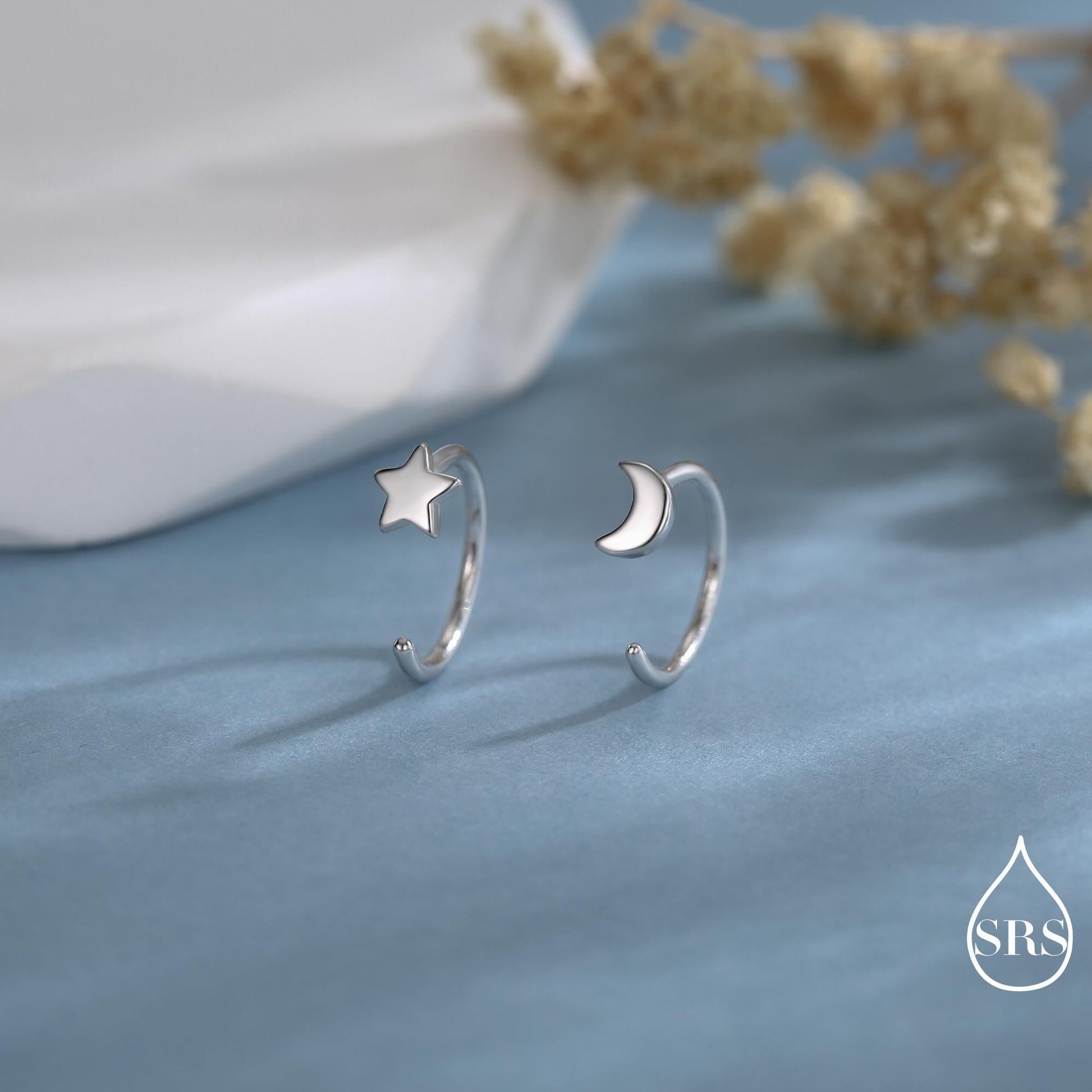 Mismatched Moon and Star Huggie Hoop Earrings in Sterling Silver, Asymmetric Pull Through Star Earrings, Half Hoops