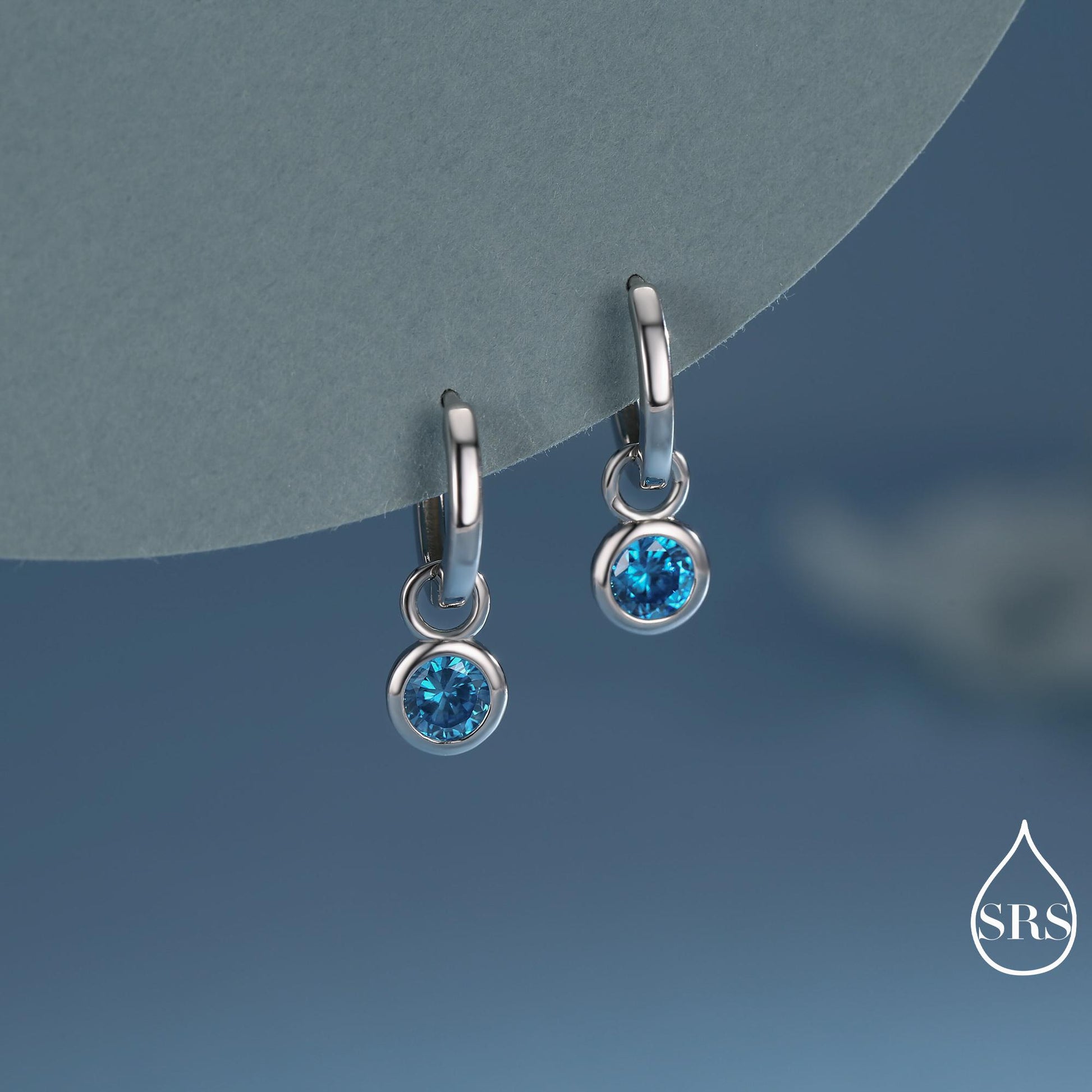 March Birthstone Aquamarine Blue CZ Hoop Earrings in Sterling Silver, Detachable Dangle Hoop Earrings, Silver, Gold or Rose Gold Finish