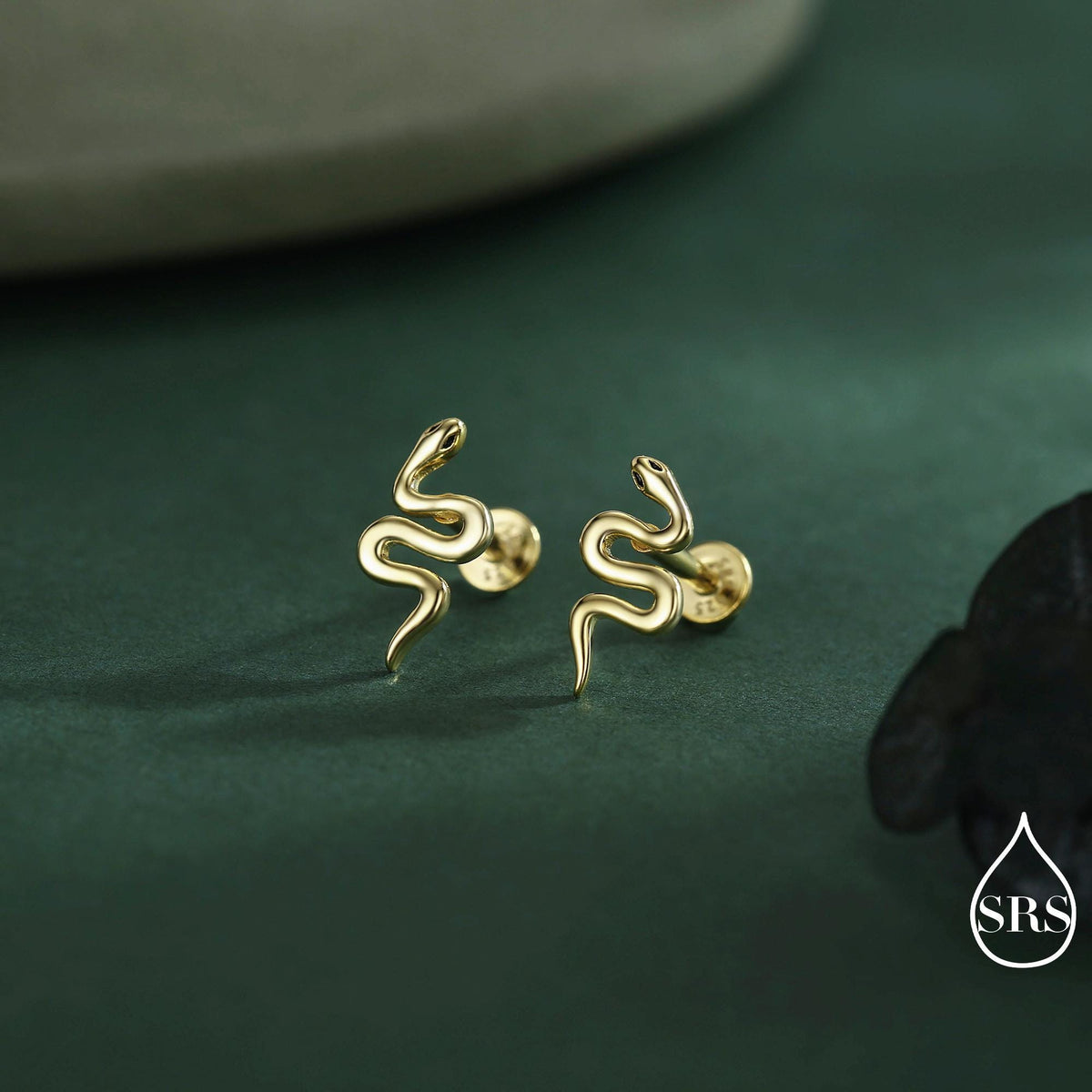 Snake Internal Flat Back /Screw Back / Stud Earrings in Sterling Silver - Gold or Silver Finish- Sold as a Pair - Snake Barbel Earrings