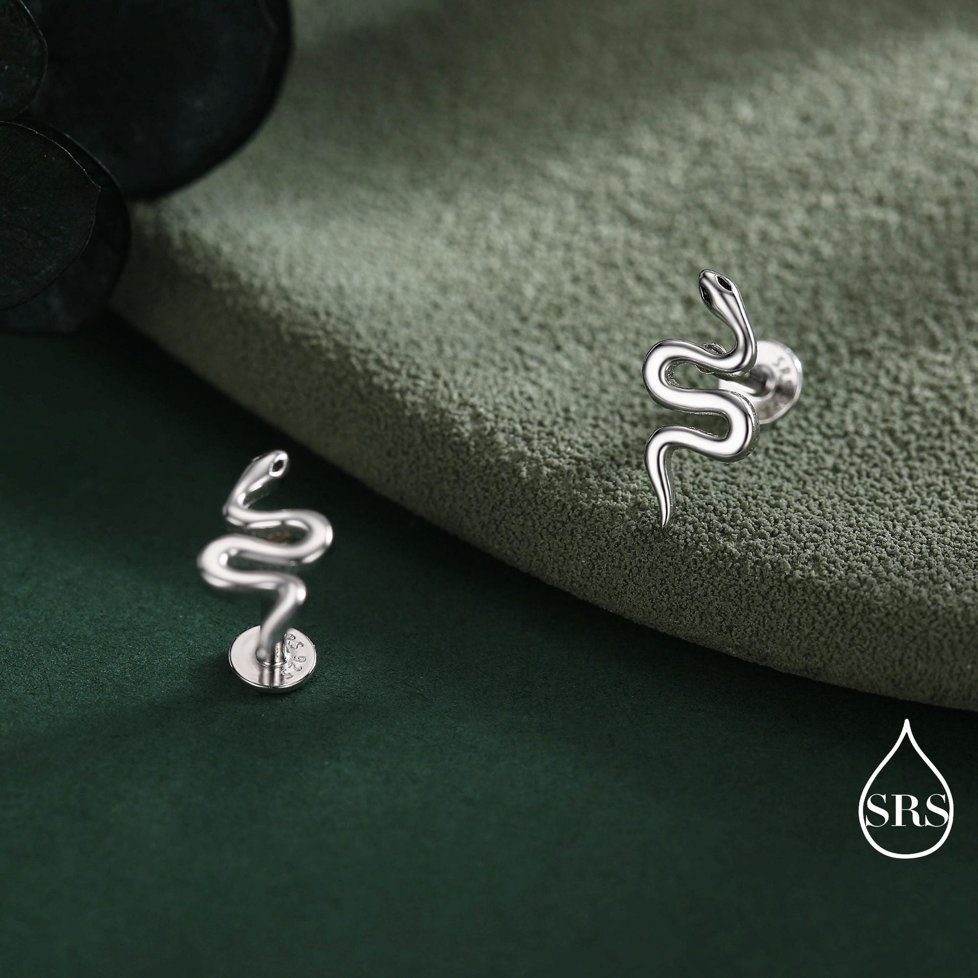 Snake Internal Flat Back /Screw Back / Stud Earrings in Sterling Silver - Gold or Silver Finish- Sold as a Pair - Snake Barbel Earrings